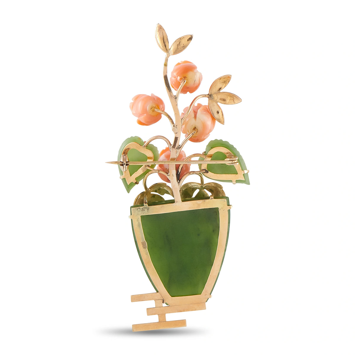 Green jade vase brooch with coral blossoms, wing-like accents, and rose-gold frame