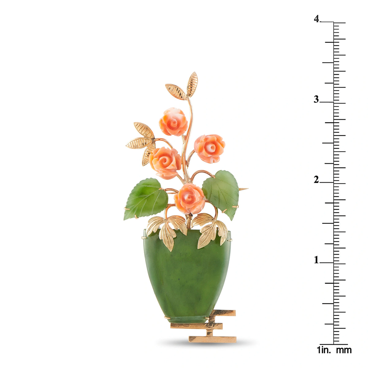 Green jade vase flower brooch with coral roses, green leaves, and rose-gold metalwork