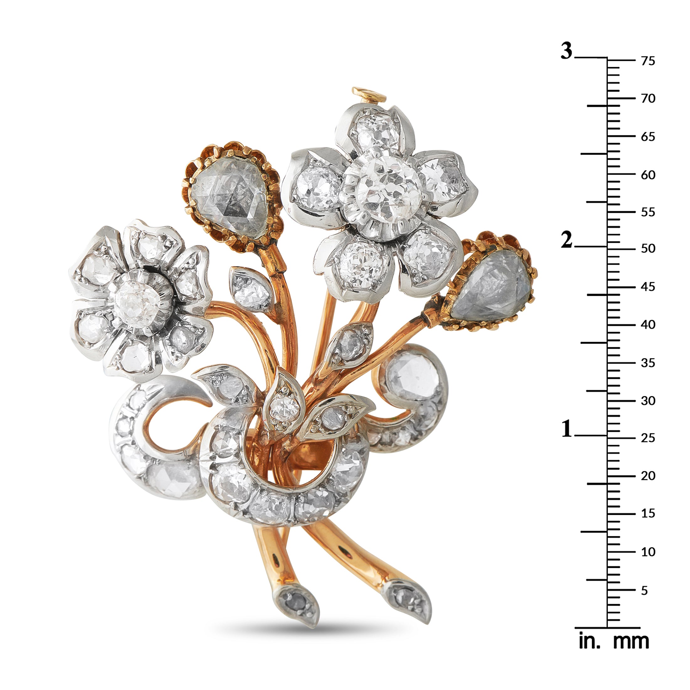 Platinum and 18K Rose Gold 4.52ct Diamond Edwardian Flower Brooch