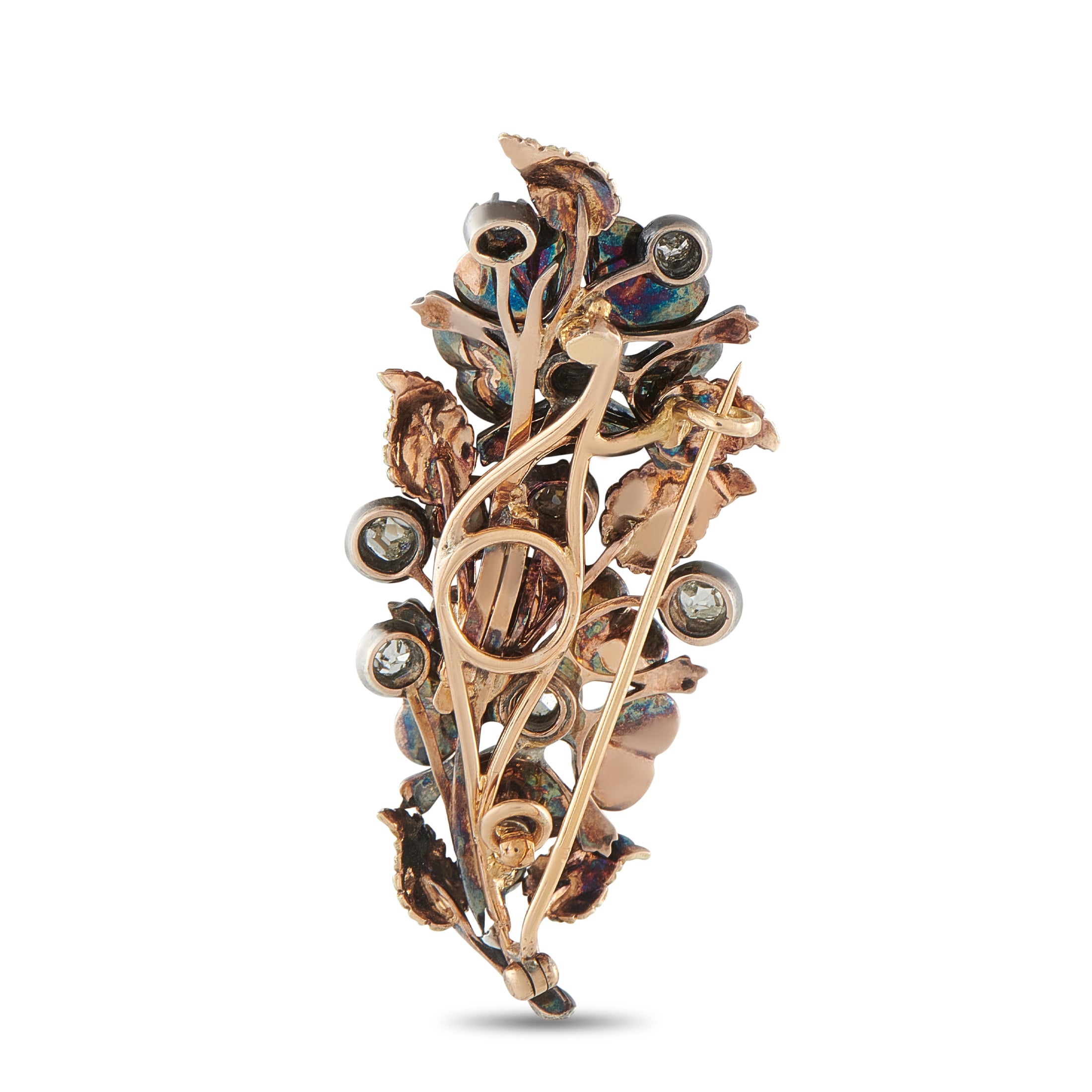 Antique French 18K Rose Gold 1.20ct Diamond and Seed Pearl Brooch