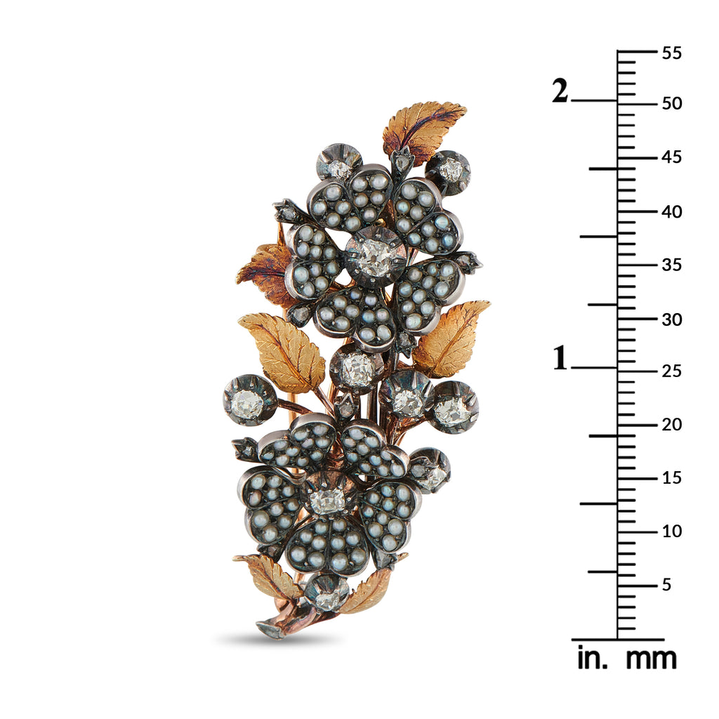 Antique French 18K Rose Gold 1.20ct Diamond and Seed Pearl Brooch