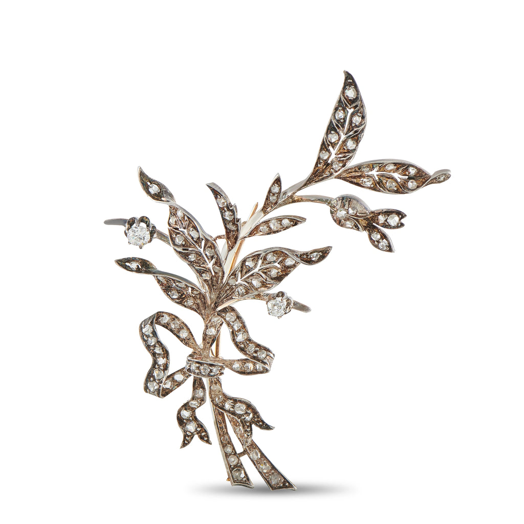 Antique 18K Rose Gold and Silver 1.0ct Diamond Floral Leaf Brooch