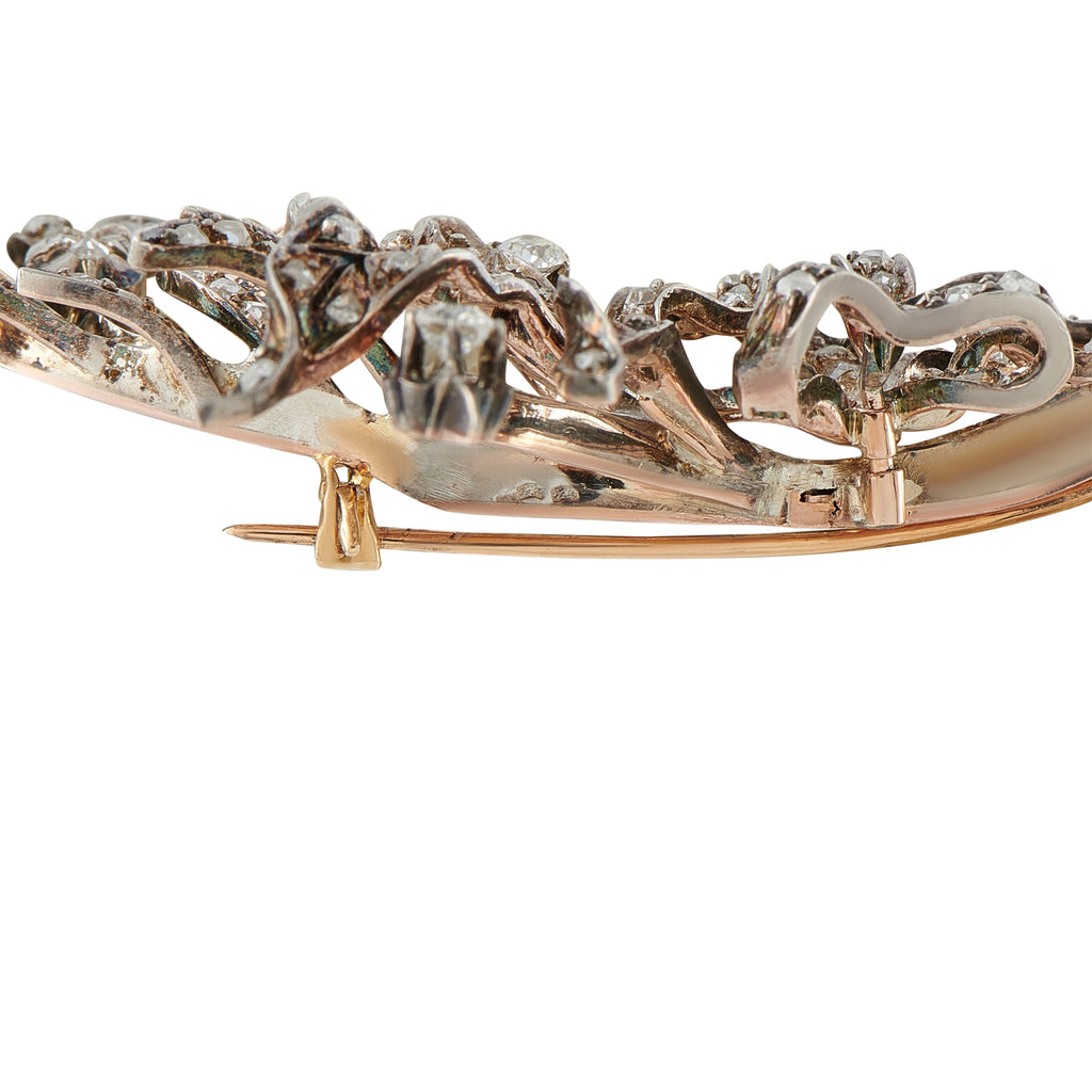 Antique 18K Rose Gold and Silver 1.0ct Diamond Floral Leaf Brooch