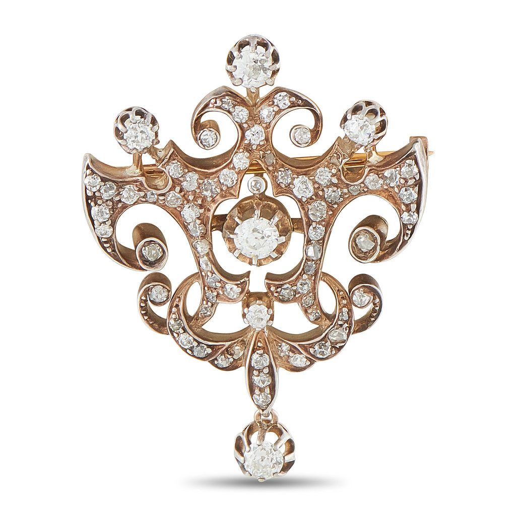 Antique 18K Rose Gold and Silver 1.85ct Diamond Brooch