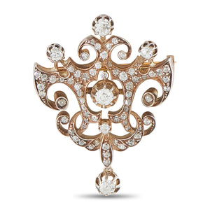 Antique 18K Rose Gold and Silver 1.85ct Diamond Brooch