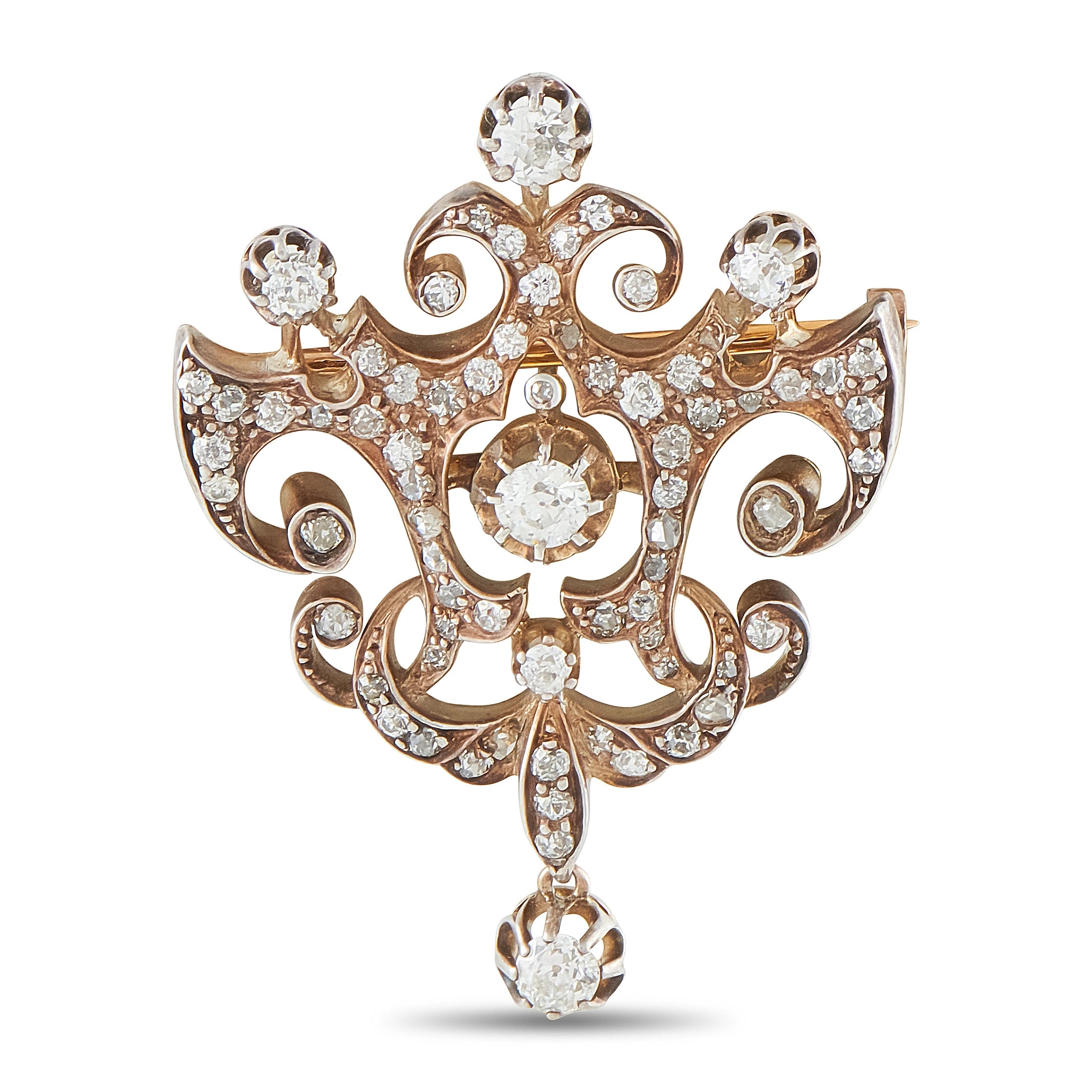 Antique 18K Rose Gold and Silver 1.85ct Diamond Brooch
