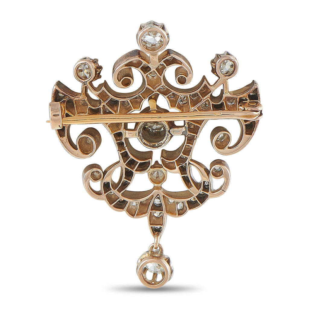 Antique 18K Rose Gold and Silver 1.85ct Diamond Brooch