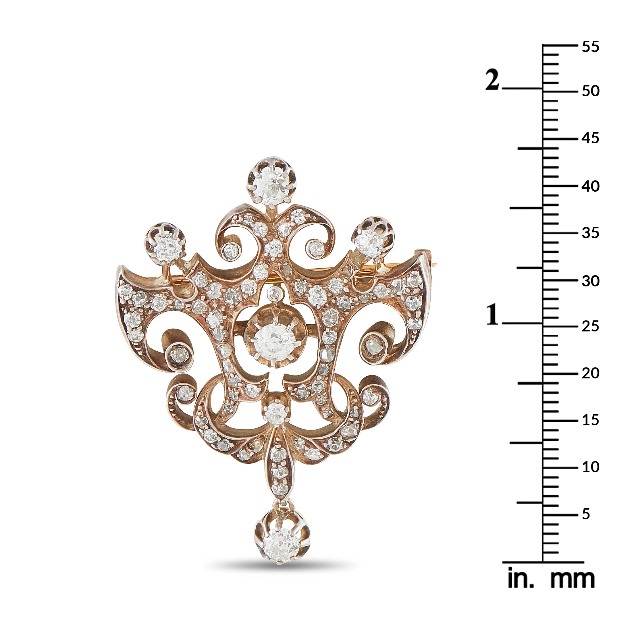 Antique 18K Rose Gold and Silver 1.85ct Diamond Brooch