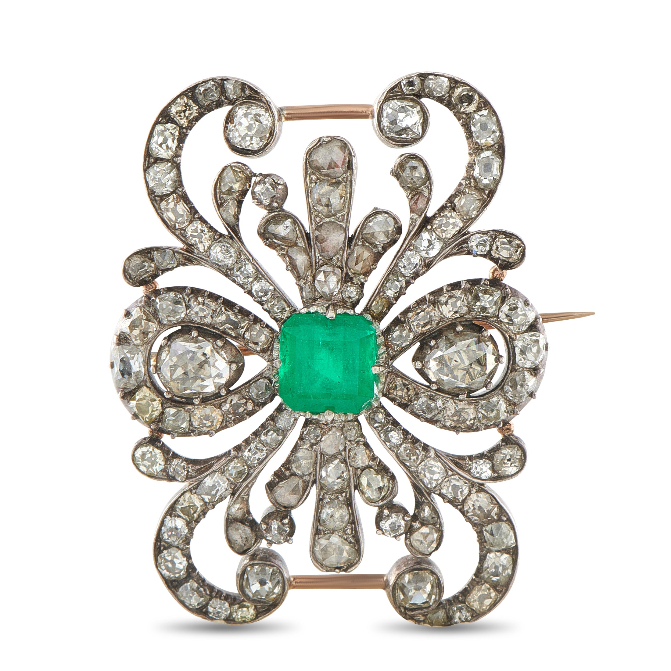 Antique 18K Rose Gold and Silver 4.0ct Diamond and Emerald Brooch