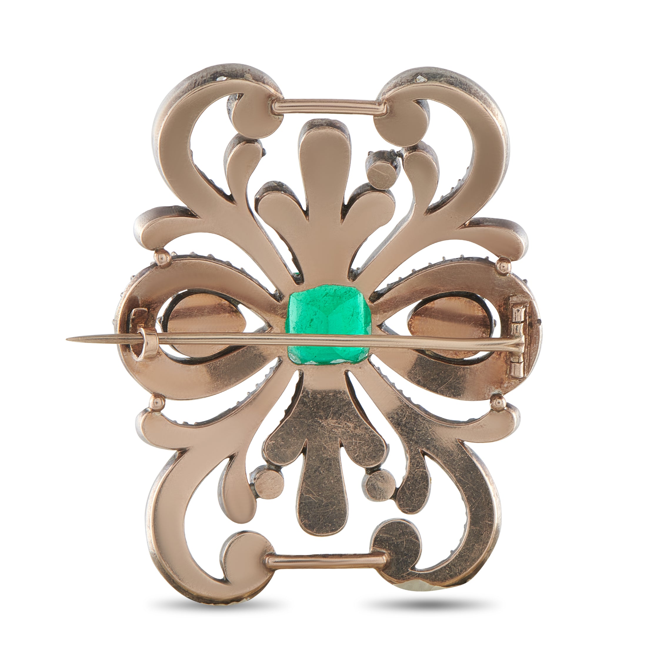 Antique 18K Rose Gold and Silver 4.0ct Diamond and Emerald Brooch