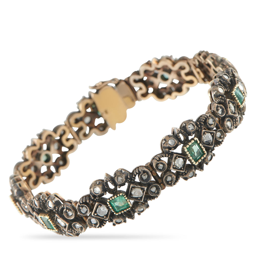 18K Rose Gold and Silver Diamond and Emerald Bracelet