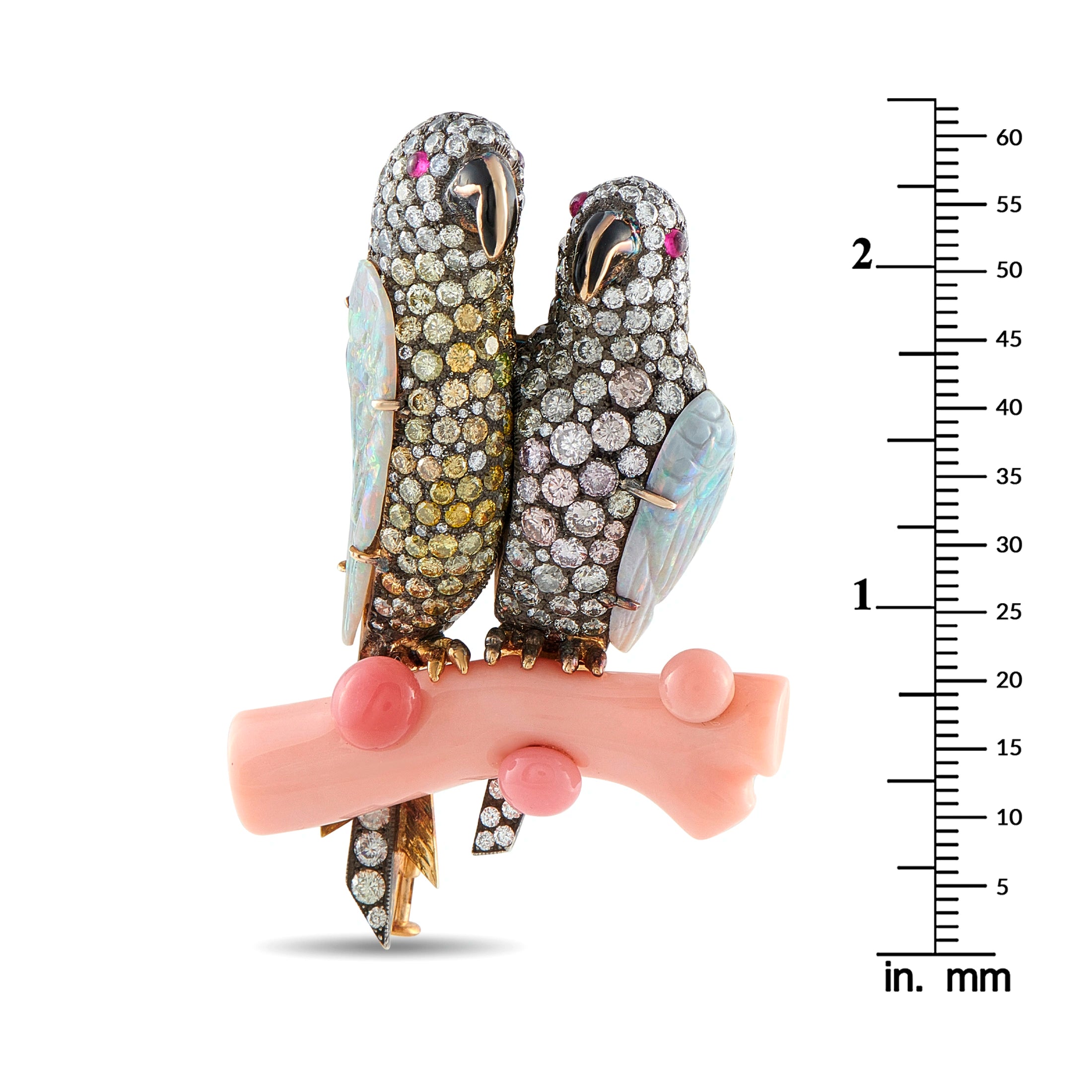 Lovebirds brooch with diamonds, opal wings, and conch pearl perch in rose gold