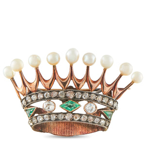 Antique 18K Rose Gold and Sterling Silver 1.30ct Diamond, Emerald, and Pearl Crown Brooch