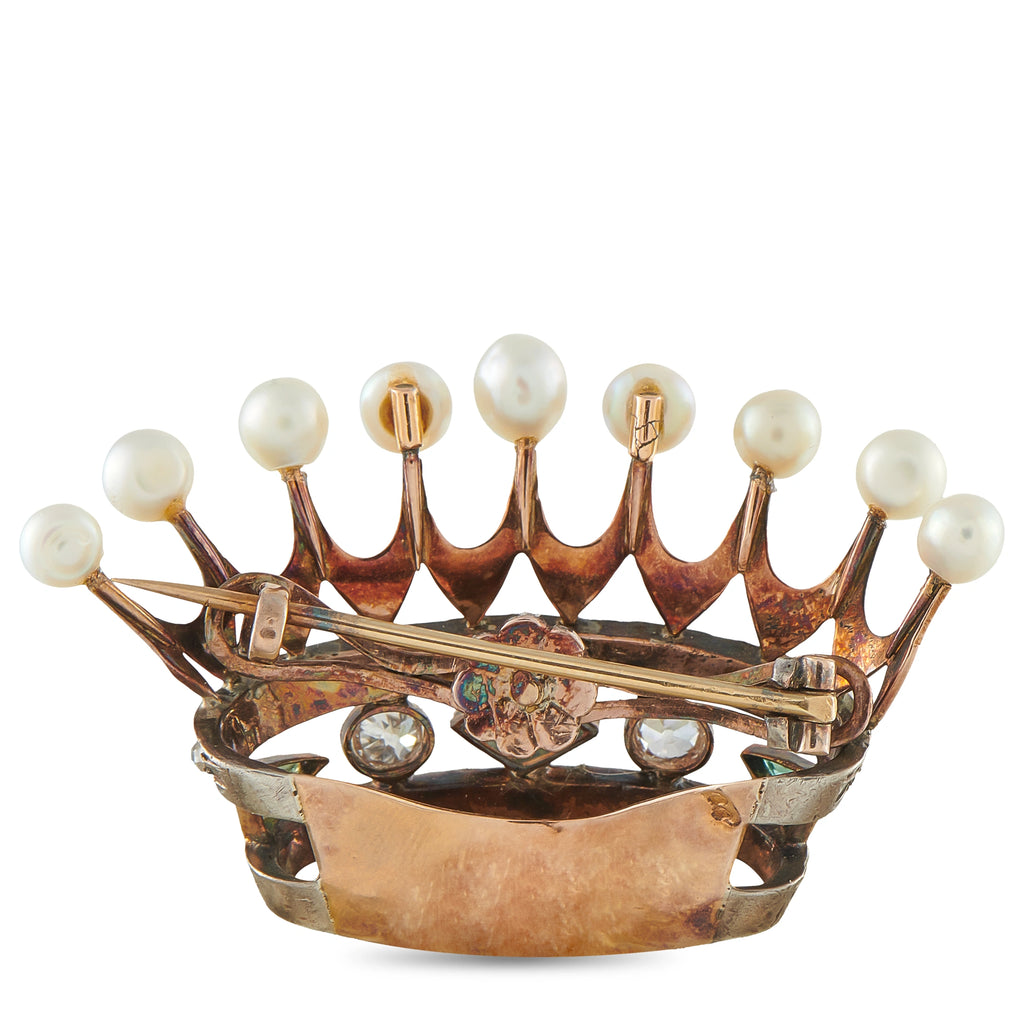 Crown brooch with pearl finials, diamond accents, and rose-gold prong and pin detail