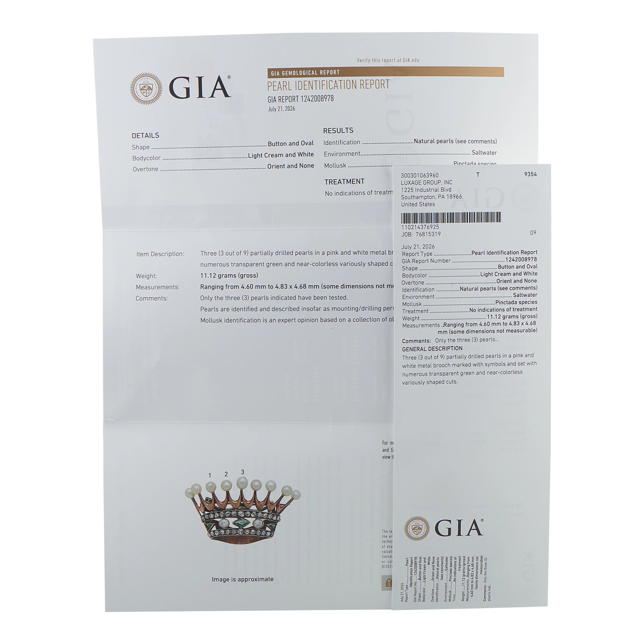 GIA pearl identification certificate document with crown brooch details