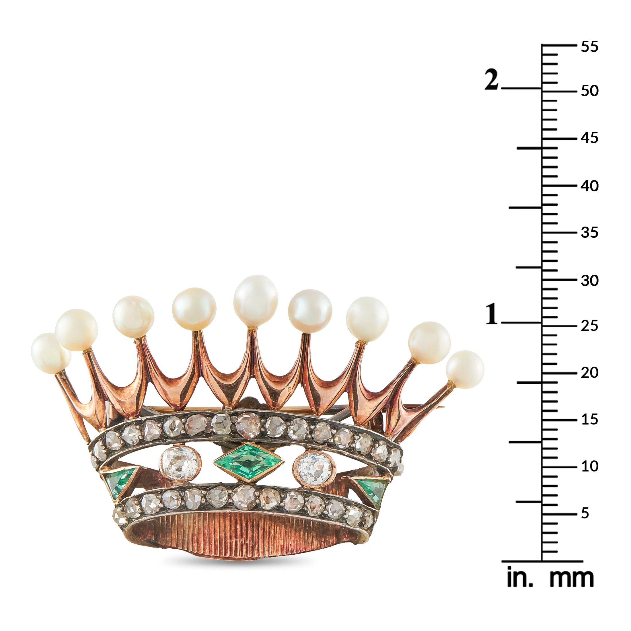 Crown brooch with pearl finials, diamond band, emerald center; size shown on ruler