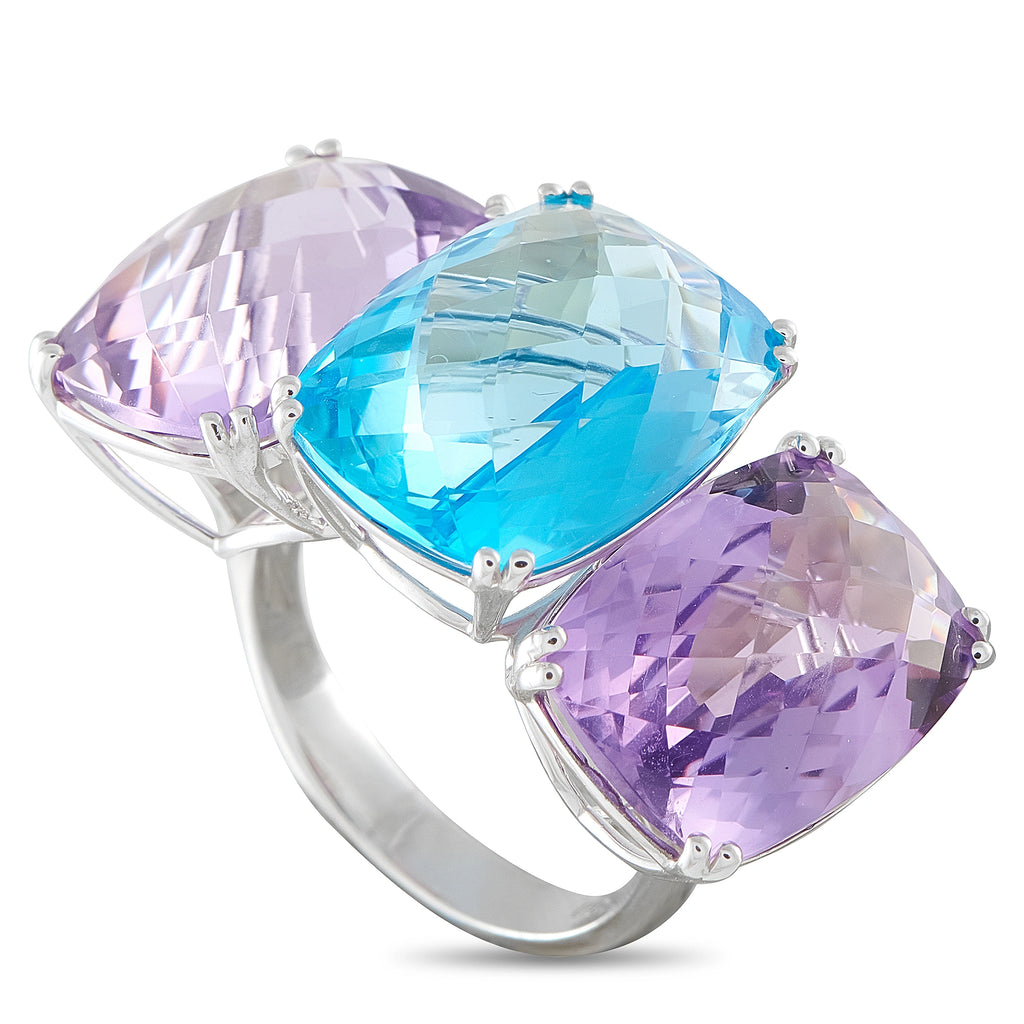 18K White Gold Amethyst and Topaz Three-Stone Ring