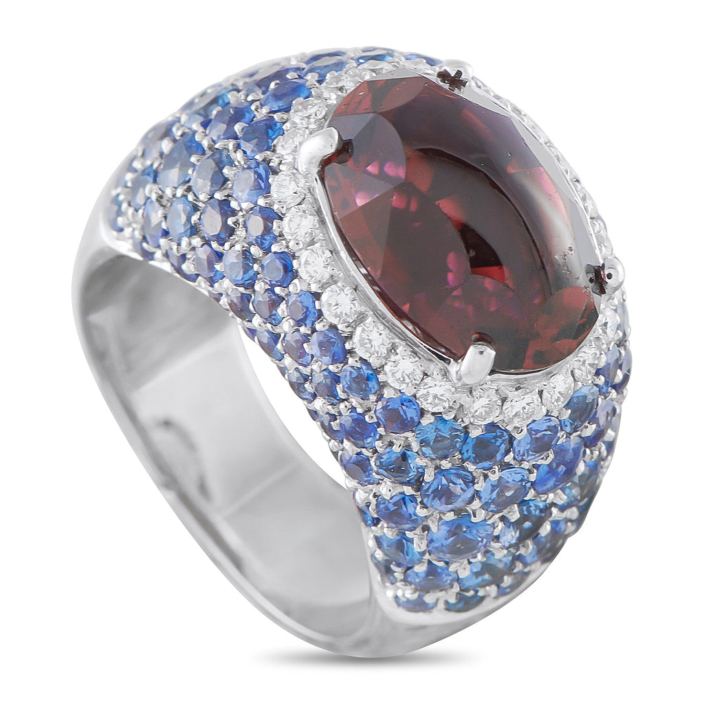 18K White Gold 0.40ct Diamond, Sapphire, and Tourmaline Ring
