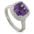18K white gold ring with cushion-cut amethyst and diamond halo