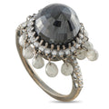 18K white gold diamond ring with dark center stone, white diamond halo and pear drops