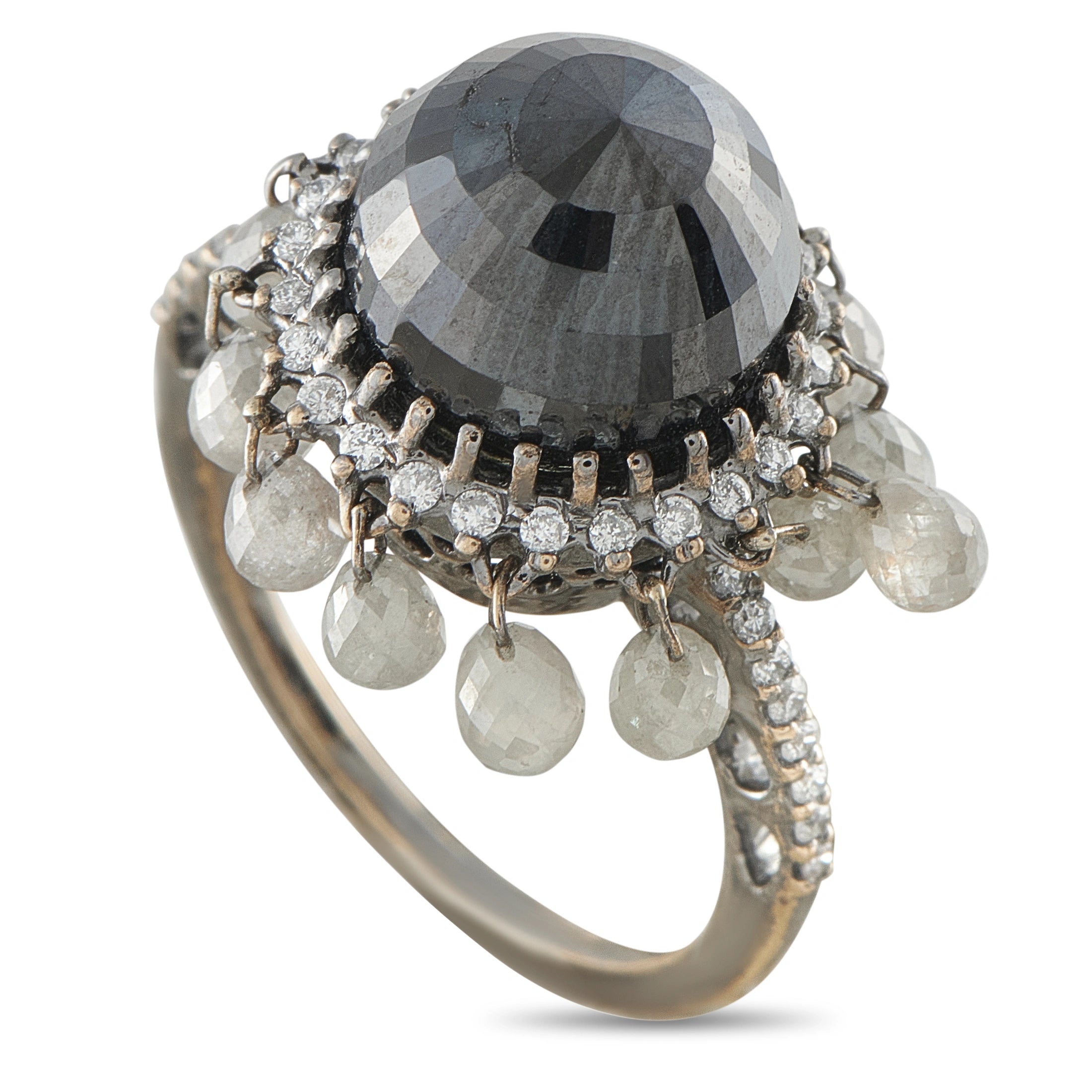 18K white gold diamond ring with dark center stone, white diamond halo and pear drops