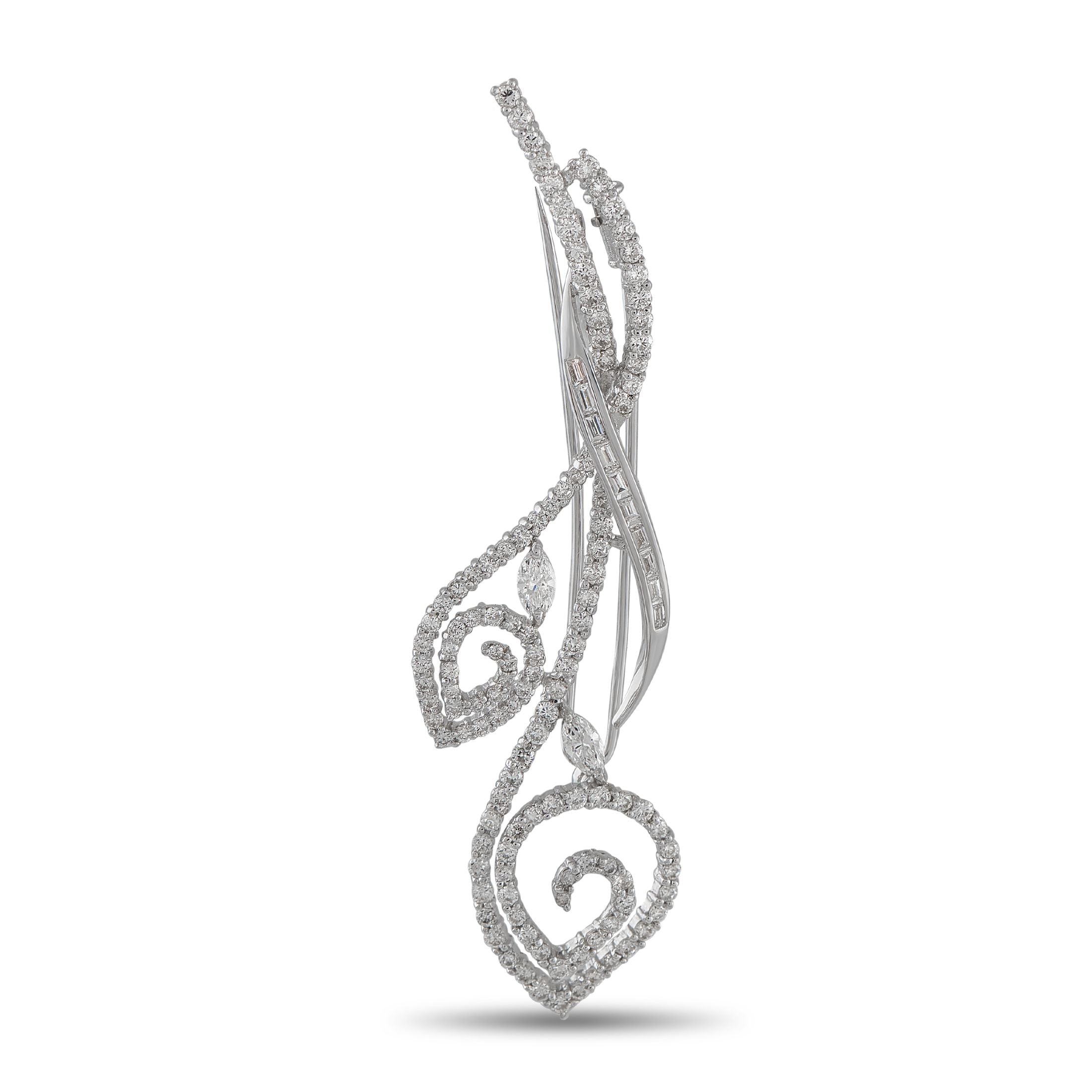 Exclusive 18K White Gold 2.25ct Diamond Brooch — This exquisite brooch possesses a distinct sense of fluidity and movement.