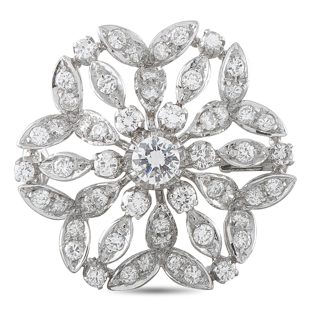 White gold diamond cluster flower brooch with round center stone and marquise accents