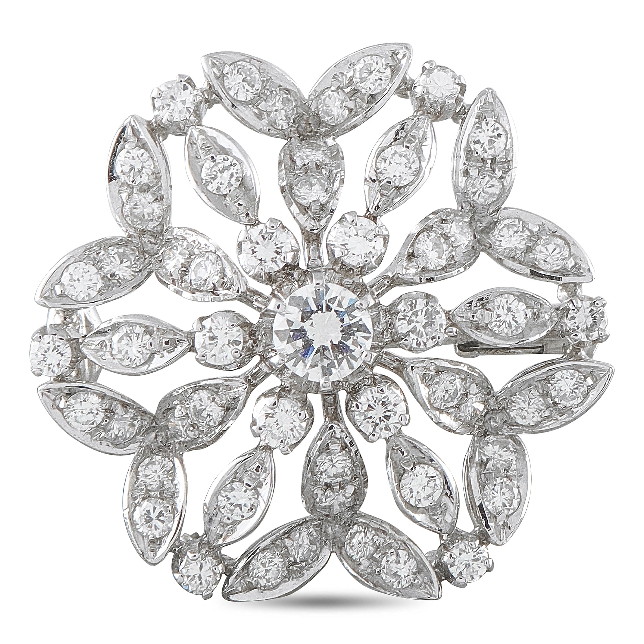 White gold diamond cluster flower brooch with round center stone and marquise accents