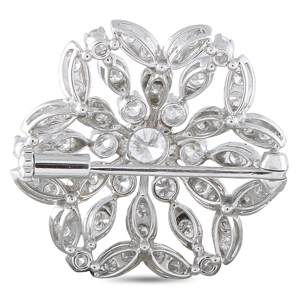 White gold diamond cluster flower brooch with pin bar and marquise side stones