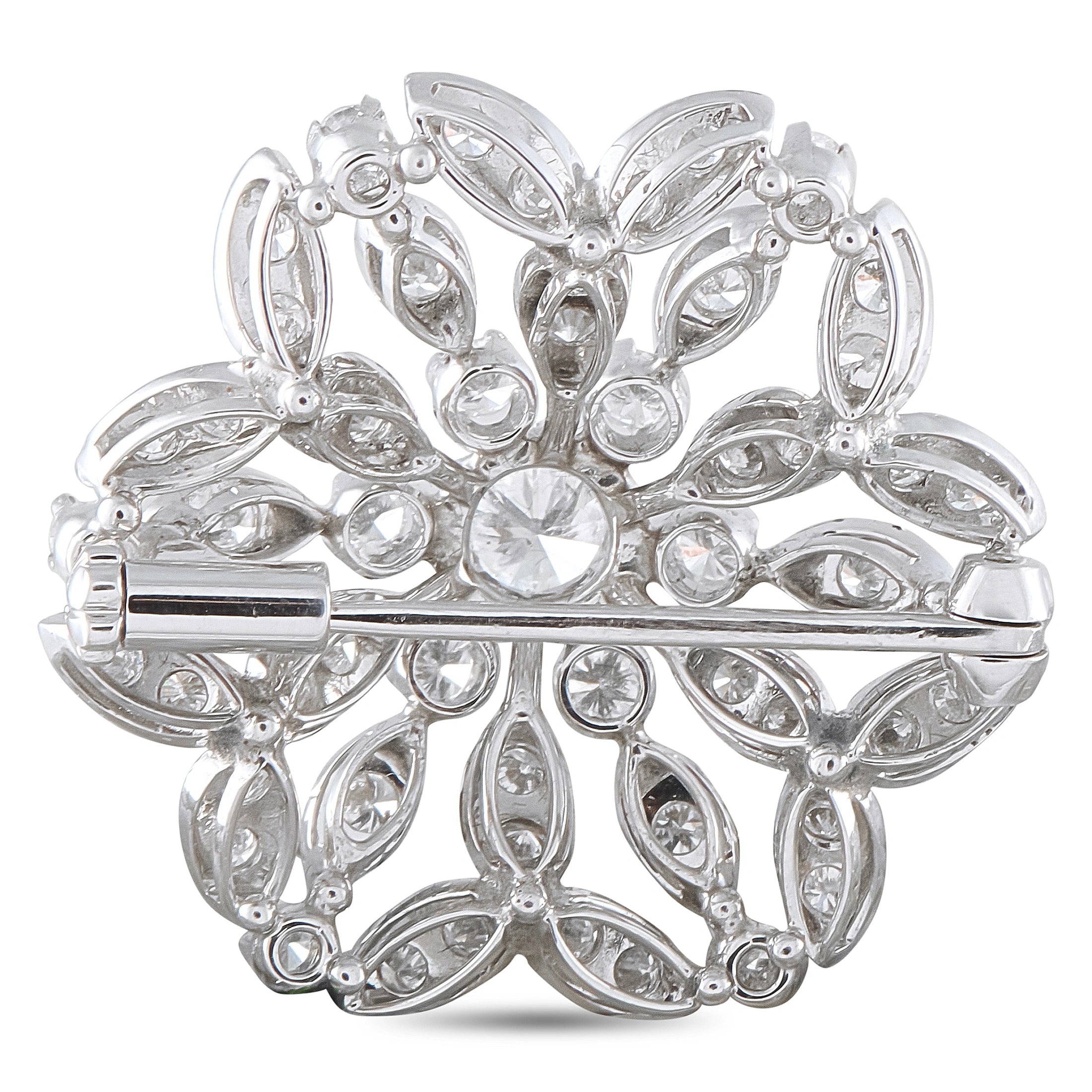 White gold diamond cluster flower brooch with pin bar and marquise side stones