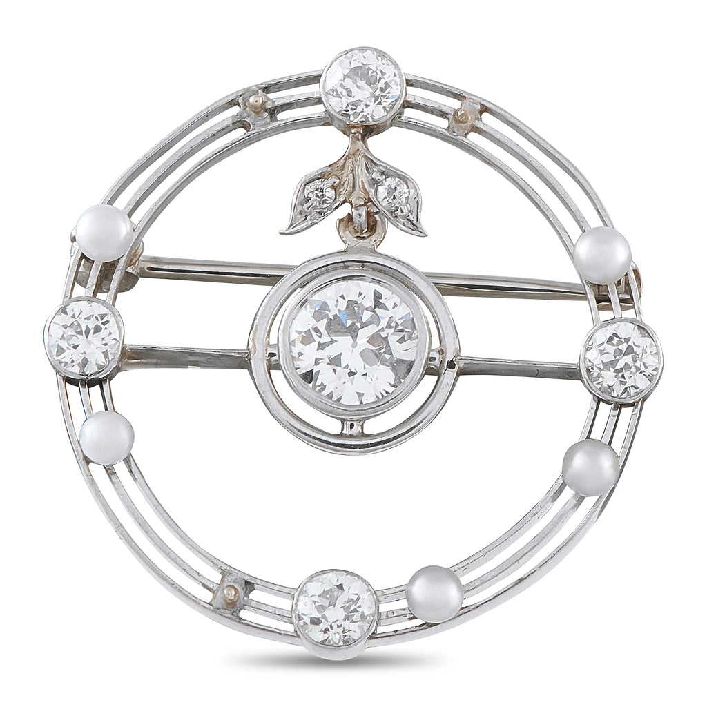 Antique 18K White Gold 0.85ct Diamond and Pearl Round Brooch