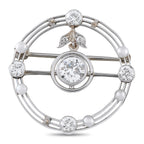 Antique 18K White Gold 0.85ct Diamond and Pearl Round Brooch