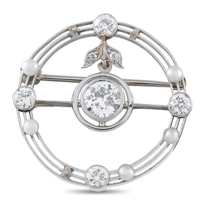 Antique 18K White Gold 0.85ct Diamond and Pearl Round Brooch