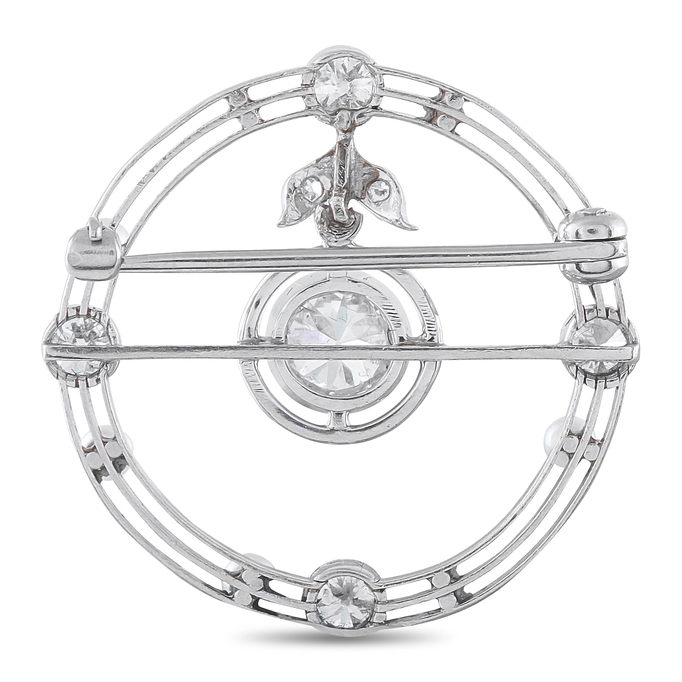 Antique 18K White Gold 0.85ct Diamond and Pearl Round Brooch