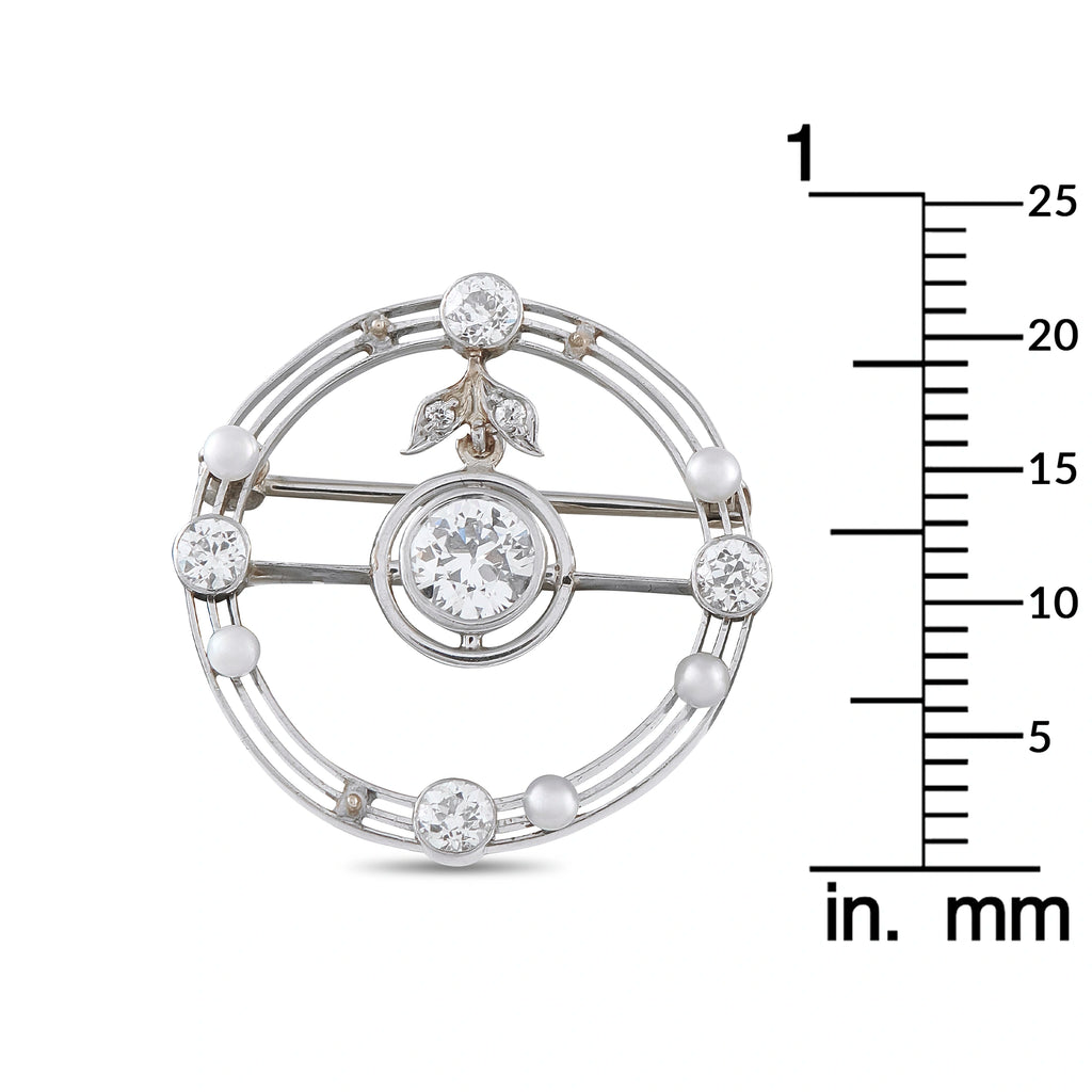 Antique 18K White Gold 0.85ct Diamond and Pearl Round Brooch