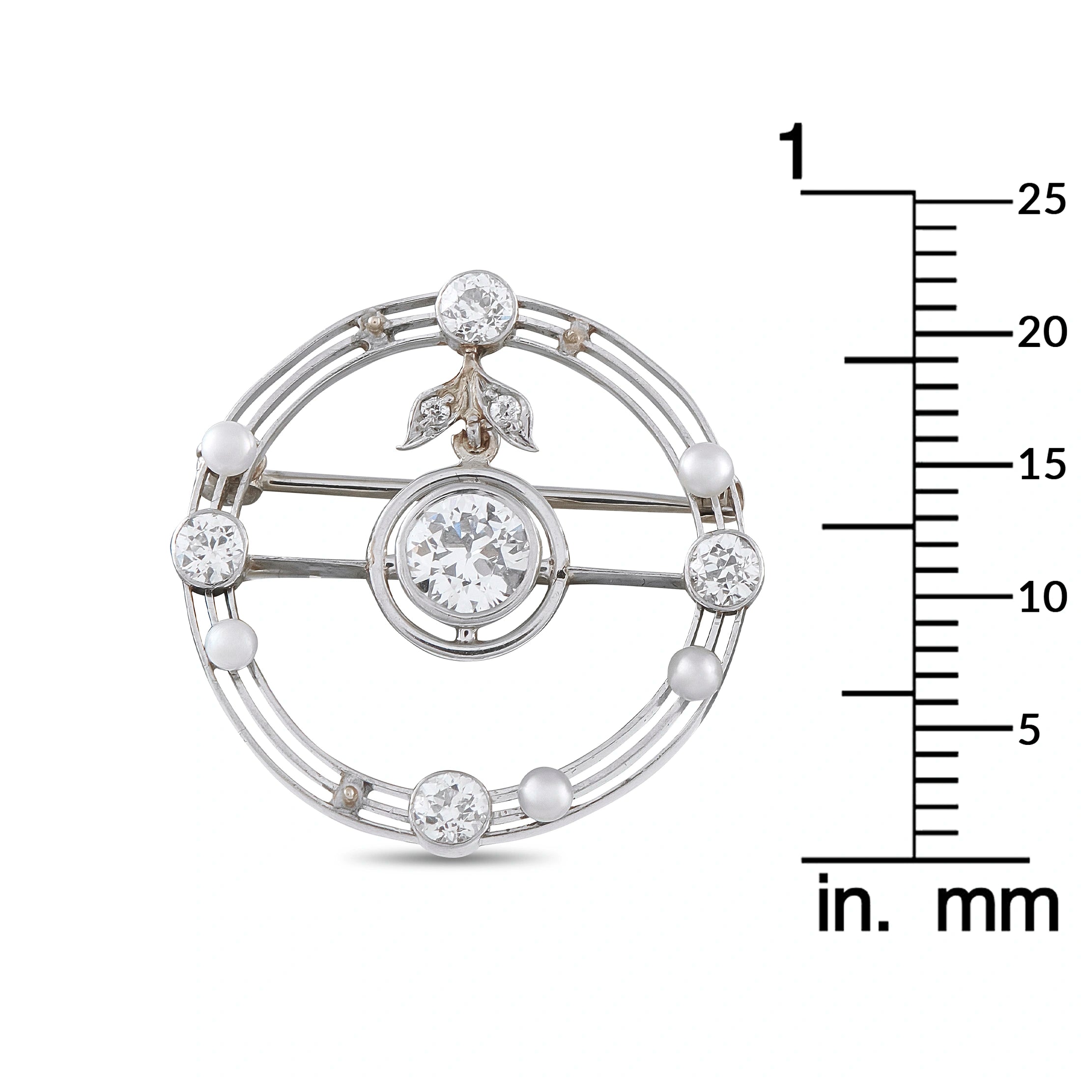 Antique 18K White Gold 0.85ct Diamond and Pearl Round Brooch