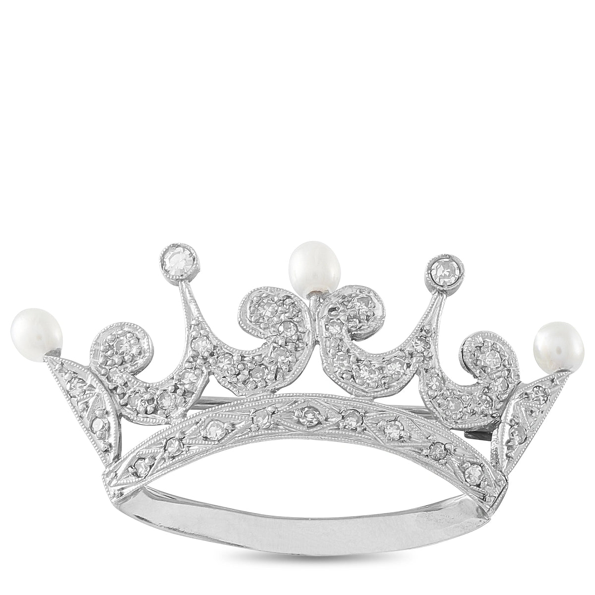 Crown brooch in white gold with pearl drops and round diamonds, ornate filigree design