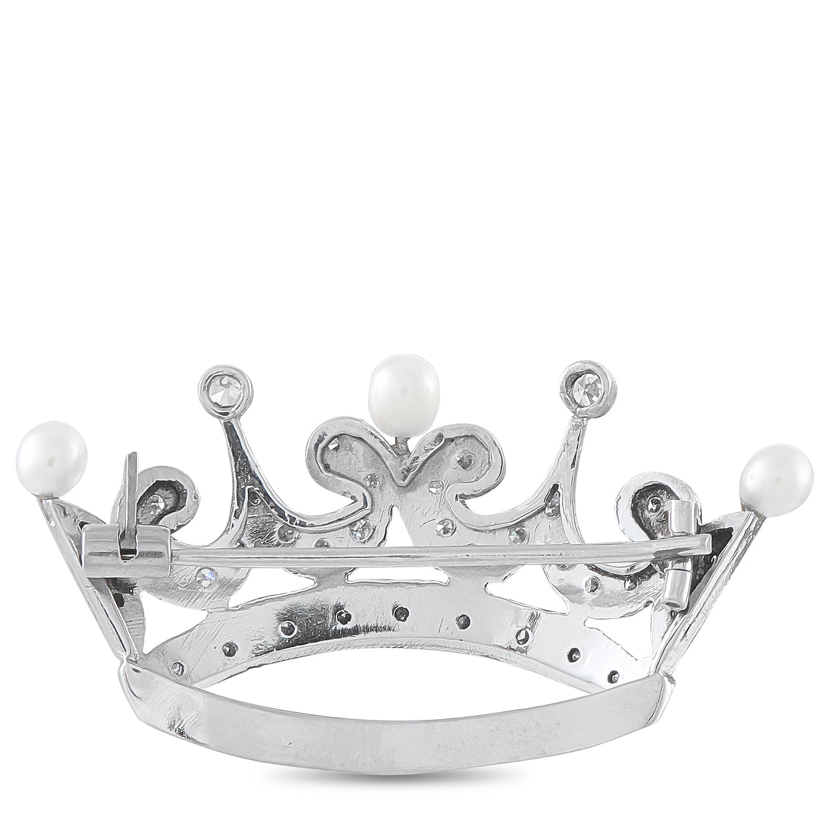 Crown brooch with curved band, white pearls, and round diamond accents in bright silver-tone