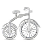 White gold bicycle diamond brooch, side view with raised diamond accents on frame
