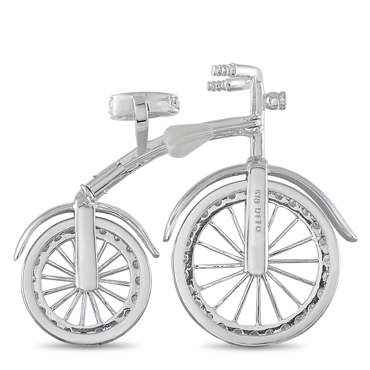 White gold bicycle diamond brooch, side view with raised diamond accents on frame