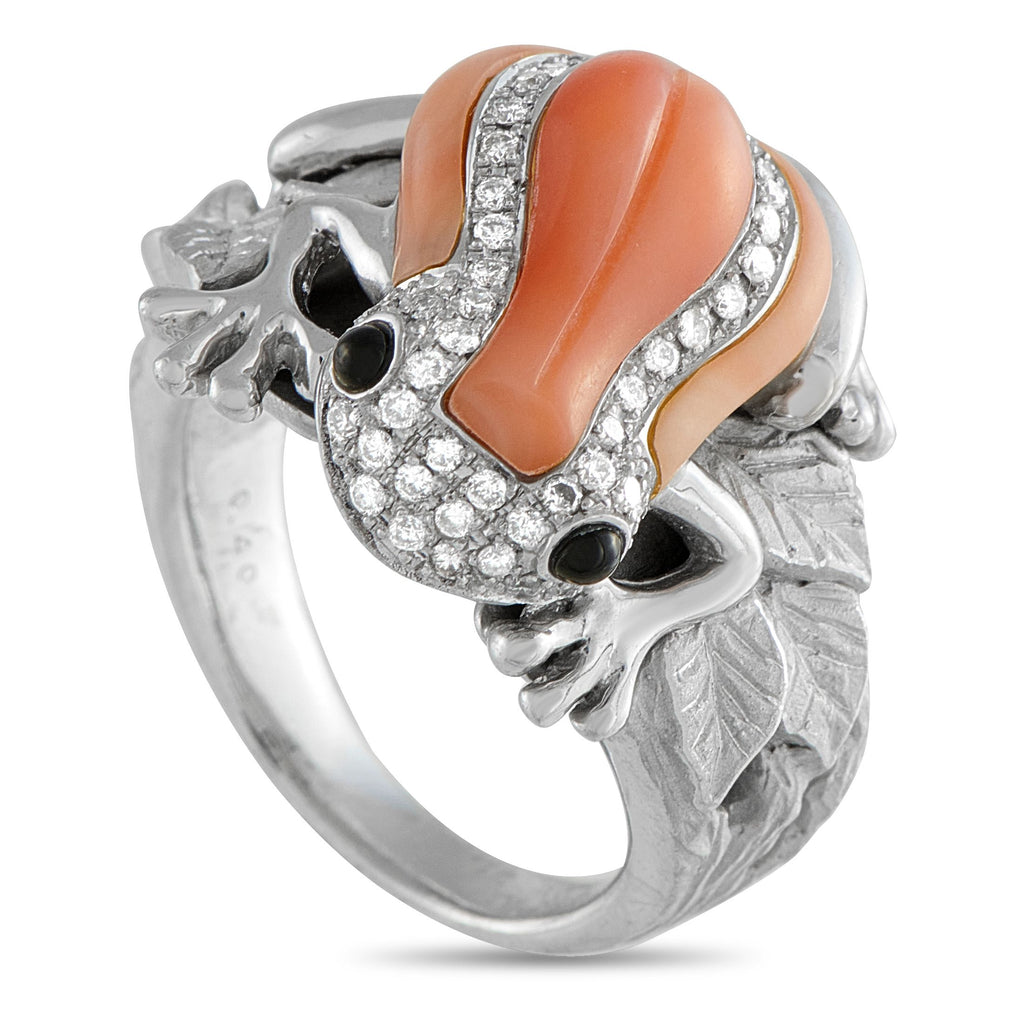 Exclusive 18K White Gold 04.0ct Diamond and Coral Frog Ring MF27-101025 – This whimsical white gold ring features a band that