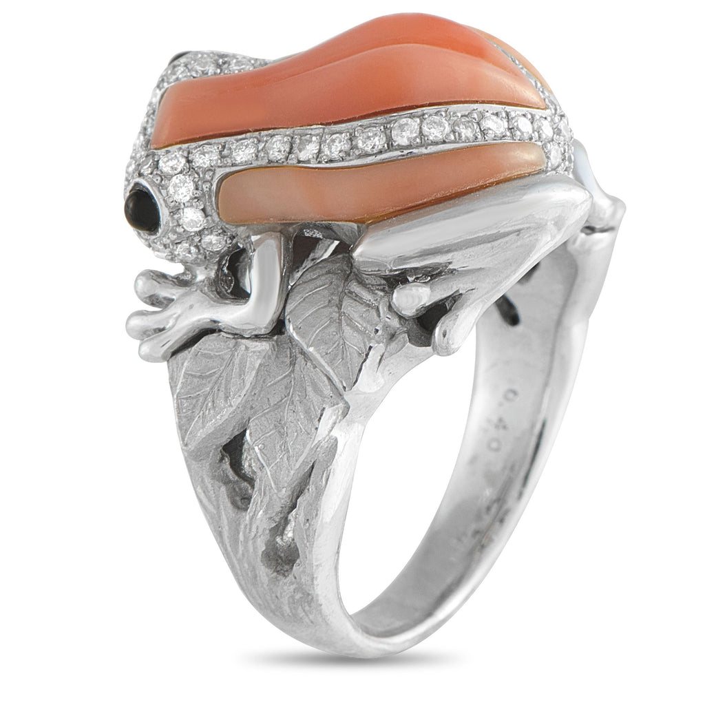 Exclusive 18K White Gold 04.0ct Diamond and Coral Frog Ring