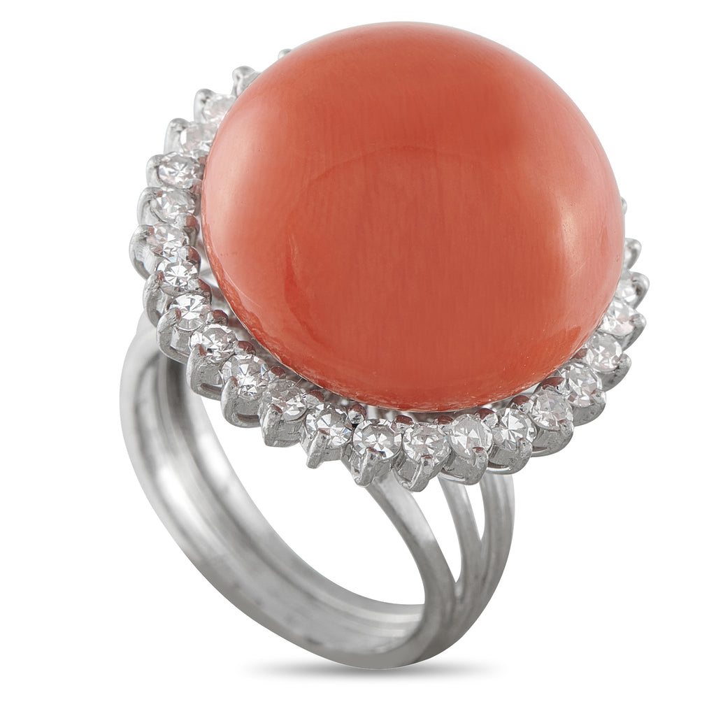 18K White Gold 0.64ct Diamond and Coral Ring