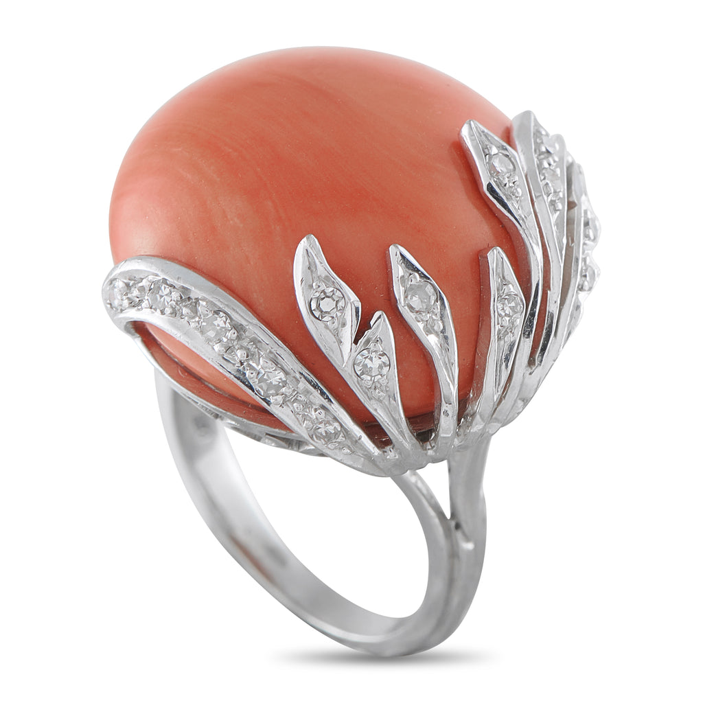 18K White Gold 0.10ct Diamond and Coral Ring