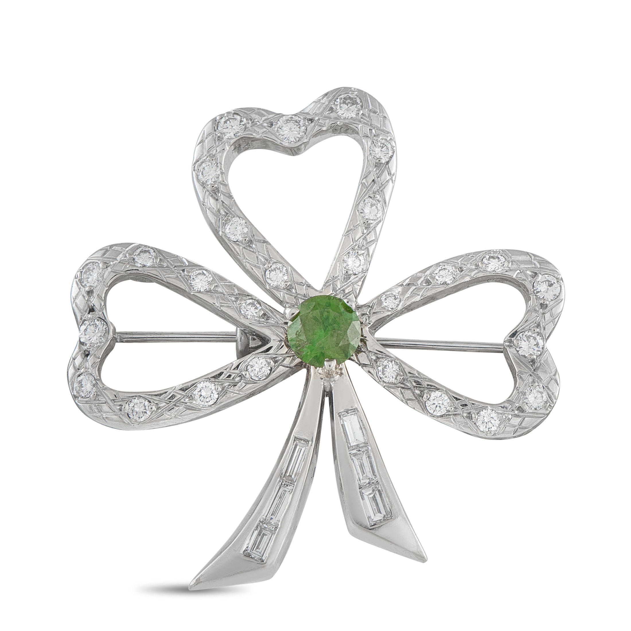 18K White Gold 1.15ct Diamond and Demantoid Clover Brooch
