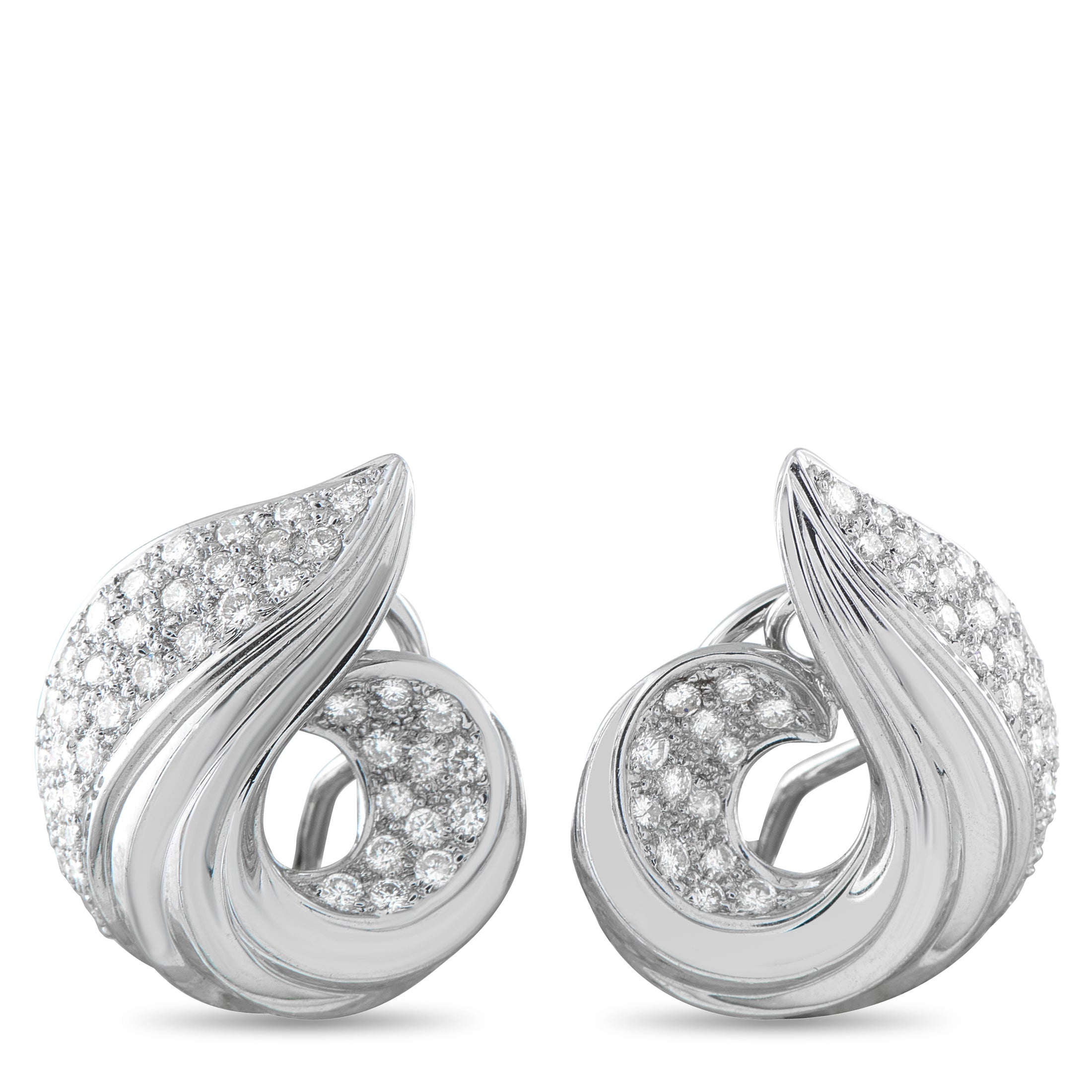 18K White Gold 1.72ct Diamond Swirled Shell Clip-On Earrings
