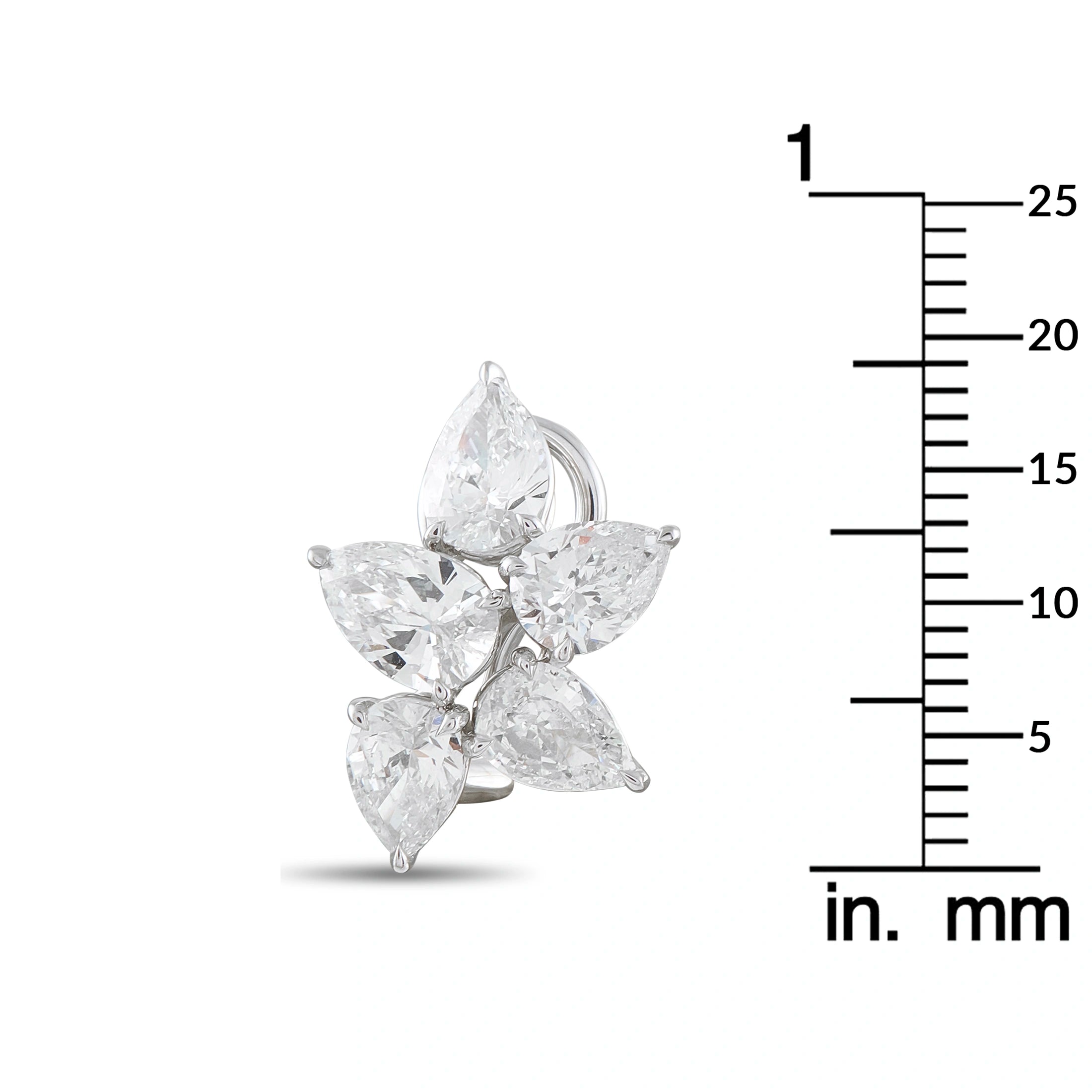 Diamond cluster earrings with five pear-cut diamonds, shown with mm size scale