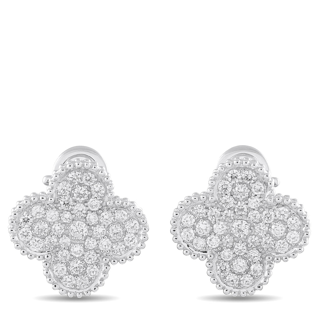 White gold clover diamond stud earrings with clustered round stones