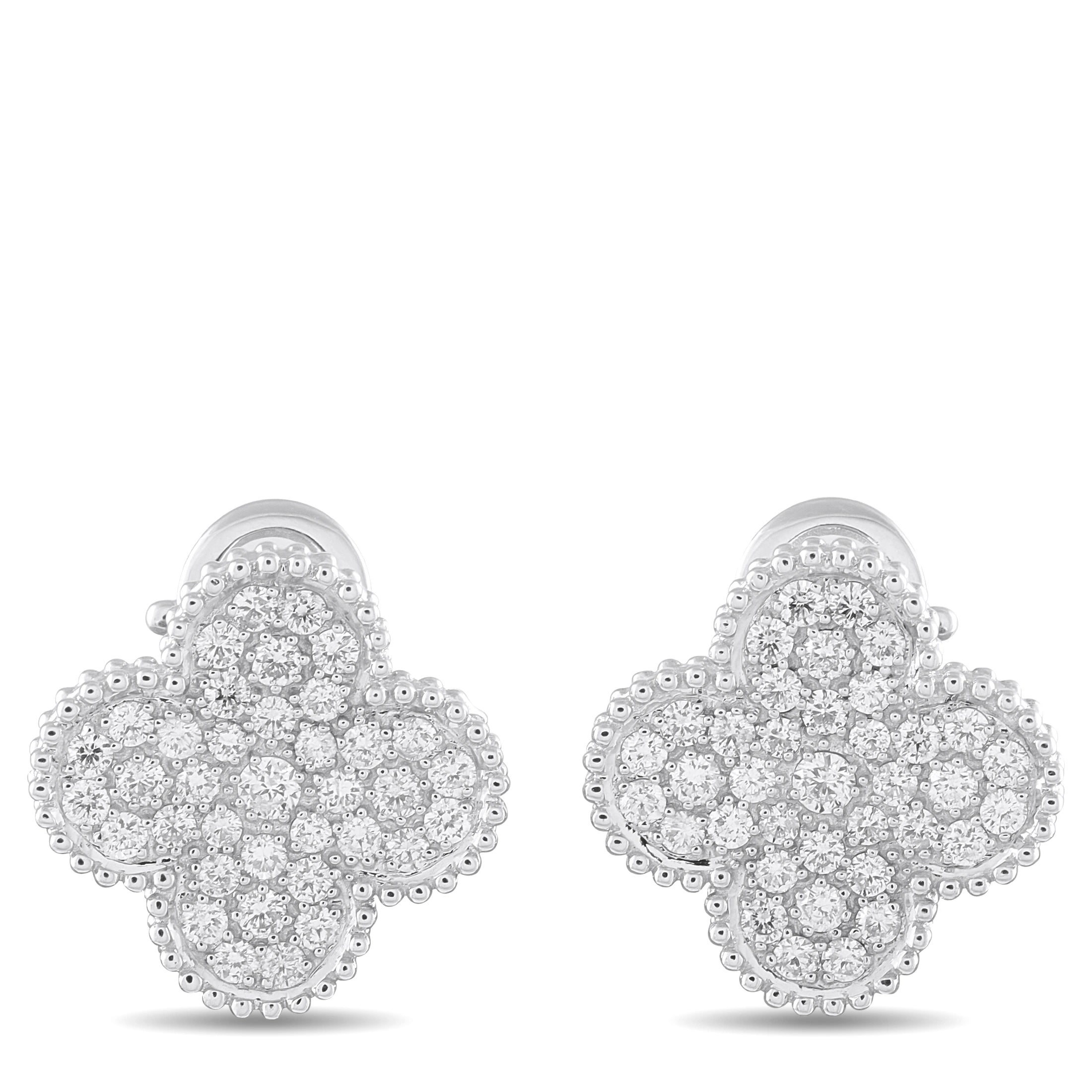 White gold clover diamond stud earrings with clustered round stones