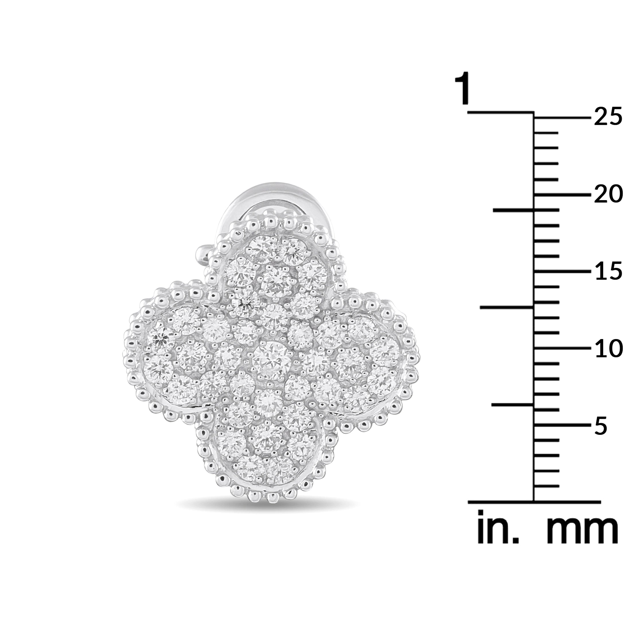 Clover diamond stud earrings, white gold, shown next to mm scale
